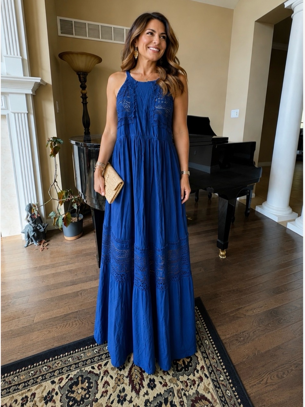 Women’s Navy Halter Maxi Dress with Lace Insets size S 4/6